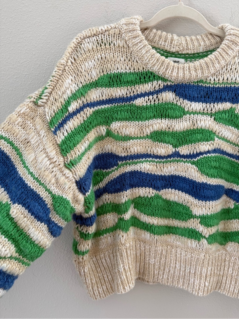 Aerie Intarsia Chunky Knit Crewneck Sweater in Cream, Green & Blue Small - Picture 5 of 8